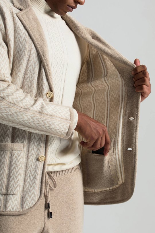 Kaşmir-İpek-Yün Karışım M Desenli Açık Bej Triko Blazer Ceket