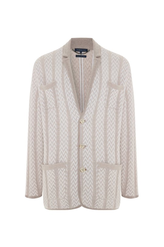 Kaşmir-İpek-Yün Karışım M Desenli Açık Bej Triko Blazer Ceket