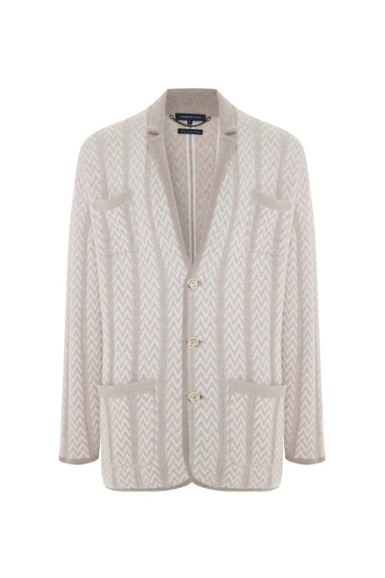 Hemington - Kaşmir-İpek-Yün Karışım M Desenli Açık Bej Triko Blazer Ceket (6)