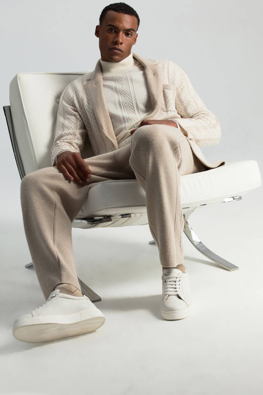 Kaşmir-İpek-Yün Karışım M Desenli Açık Bej Triko Pantolon