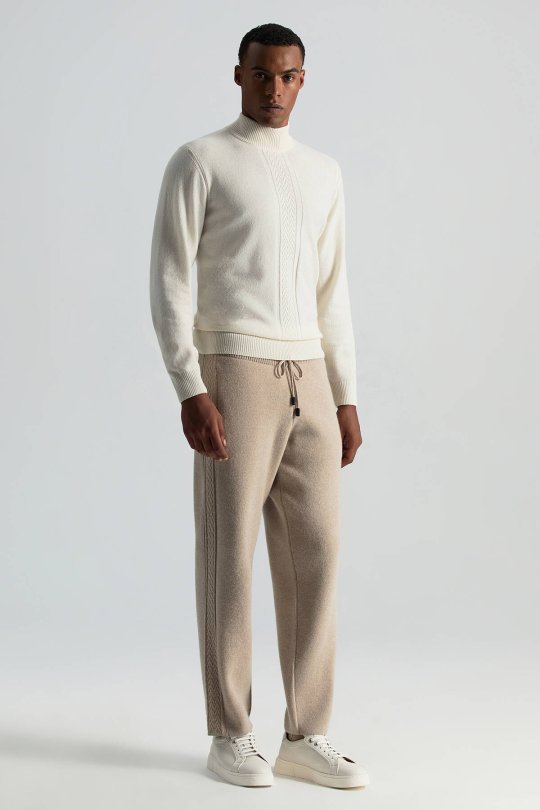 Kaşmir-İpek-Yün Karışım M Desenli Açık Bej Triko Pantolon