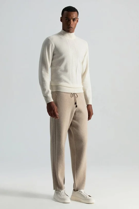 Hemington - Kaşmir-İpek-Yün Karışım M Desenli Açık Bej Triko Pantolon (1)