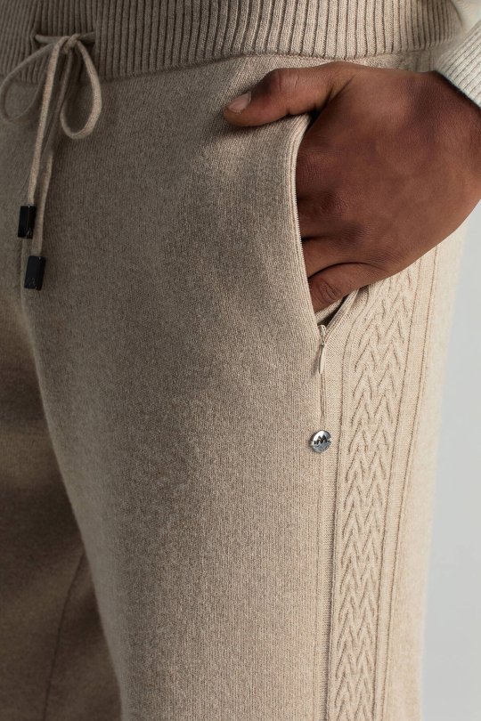 Kaşmir-İpek-Yün Karışım M Desenli Açık Bej Triko Pantolon