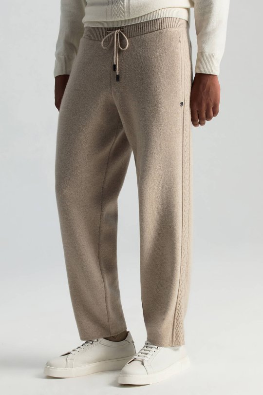 Kaşmir-İpek-Yün Karışım M Desenli Açık Bej Triko Pantolon