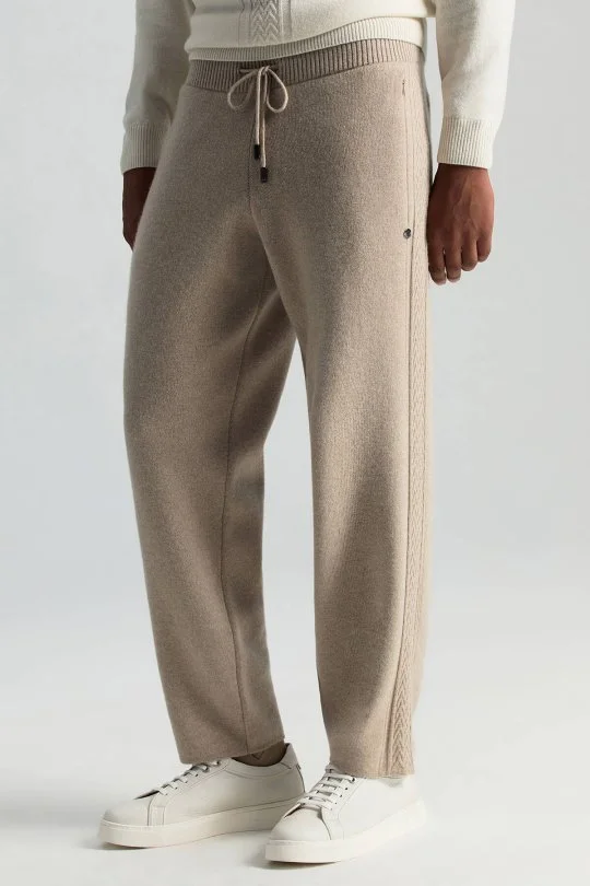 Hemington - Kaşmir-İpek-Yün Karışım M Desenli Açık Bej Triko Pantolon (2)