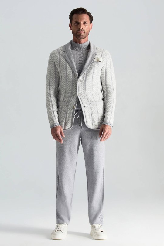 Kaşmir-İpek-Yün Karışım M Desenli Açık Gri Triko Blazer Ceket