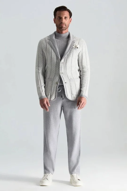 Hemington - Kaşmir-İpek-Yün Karışım M Desenli Açık Gri Triko Blazer Ceket (1)