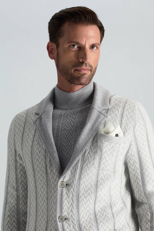Kaşmir-İpek-Yün Karışım M Desenli Açık Gri Triko Blazer Ceket
