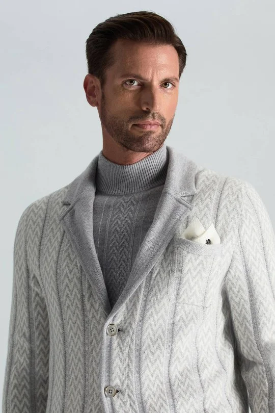 Hemington - Kaşmir-İpek-Yün Karışım M Desenli Açık Gri Triko Blazer Ceket (1)