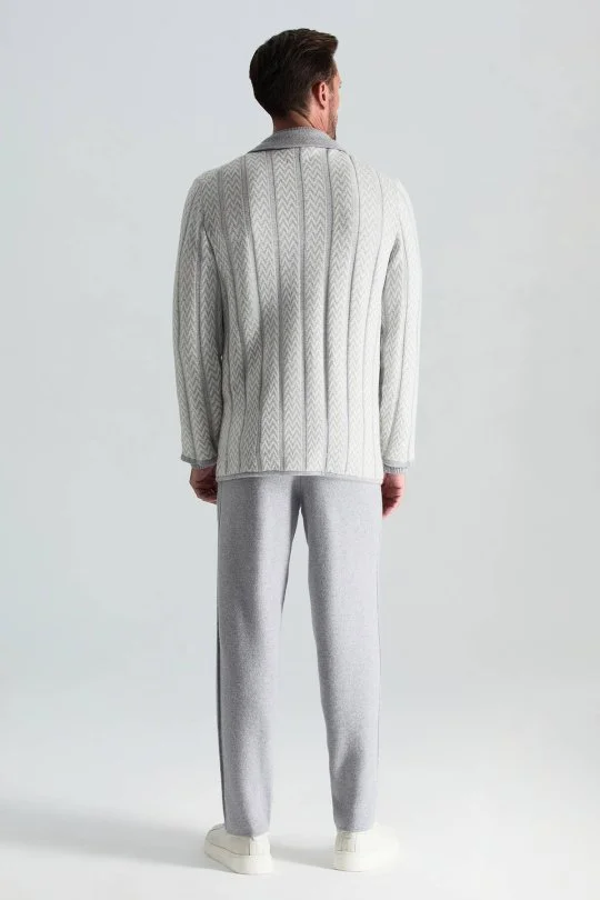 Hemington - Kaşmir-İpek-Yün Karışım M Desenli Açık Gri Triko Blazer Ceket (4)