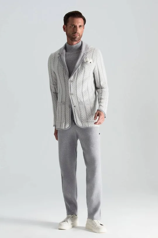 Hemington - Kaşmir-İpek-Yün Karışım M Desenli Açık Gri Triko Blazer Ceket (1)