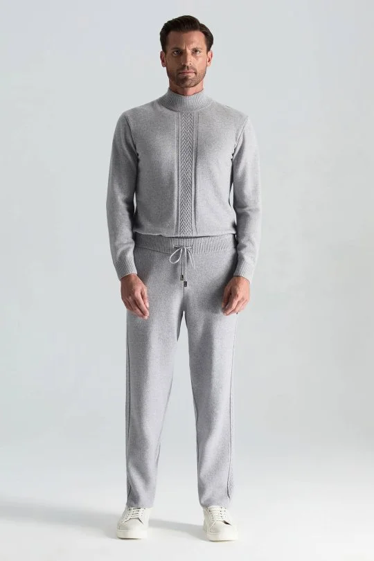 Hemington - Kaşmir-İpek-Yün Karışım M Desenli Açık Gri Triko Pantolon (2)