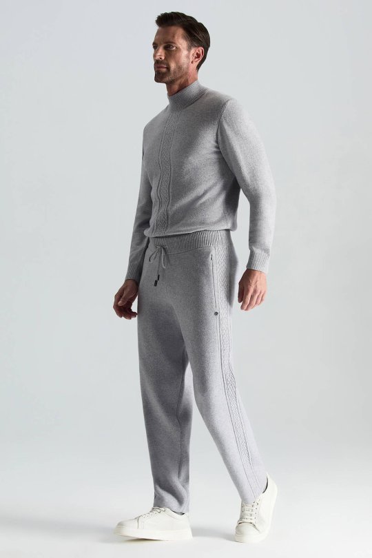 Kaşmir-İpek-Yün Karışım M Desenli Açık Gri Triko Pantolon