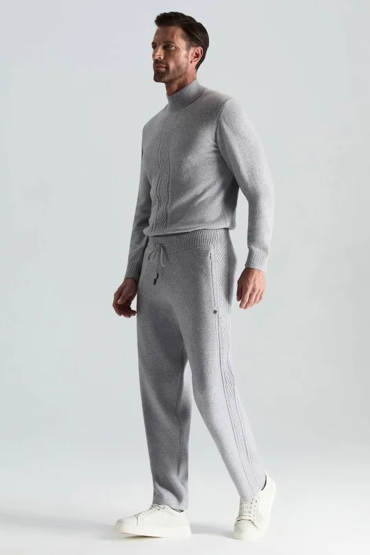 Hemington - Kaşmir-İpek-Yün Karışım M Desenli Açık Gri Triko Pantolon (1)