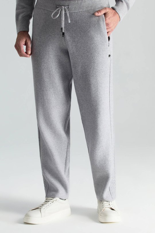 Kaşmir-İpek-Yün Karışım M Desenli Açık Gri Triko Pantolon