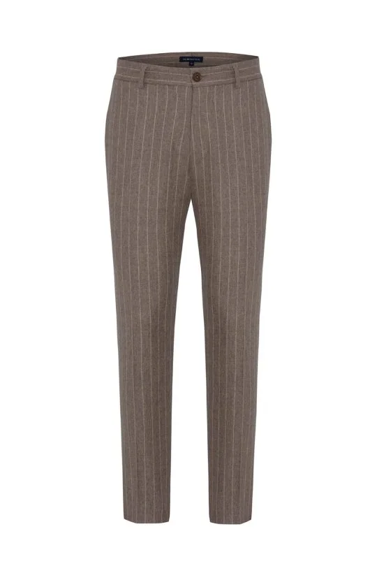 Hemington - Kaşmir Yün Bej Çizgili Camel Flanel Pantolon (5)
