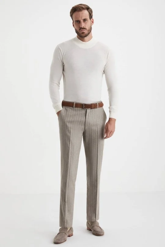 Hemington - Kaşmir Yün Bej Çizgili Camel Flanel Pantolon (1)