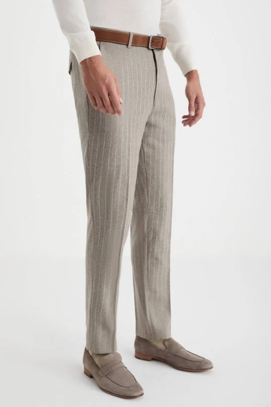 Hemington - Kaşmir Yün Bej Çizgili Camel Flanel Pantolon (2)