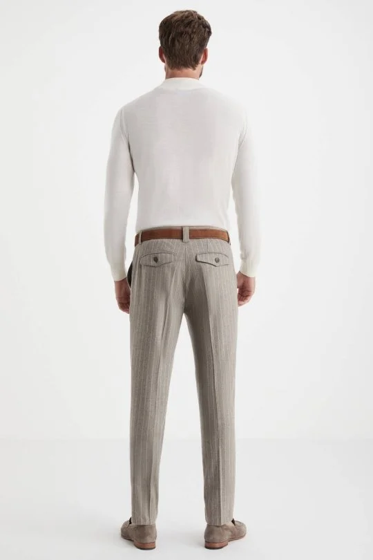 Hemington - Kaşmir Yün Bej Çizgili Camel Flanel Pantolon (3)