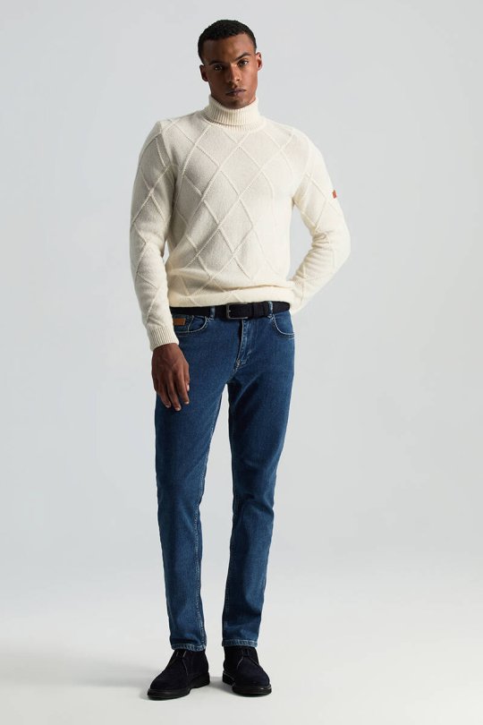 Kaşmir Karışım Kışlık Mavi Denim Pantolon