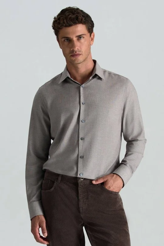 Hemington - Kaşmir Karışım Gizli Düğme Koyu Kahve Gömlek