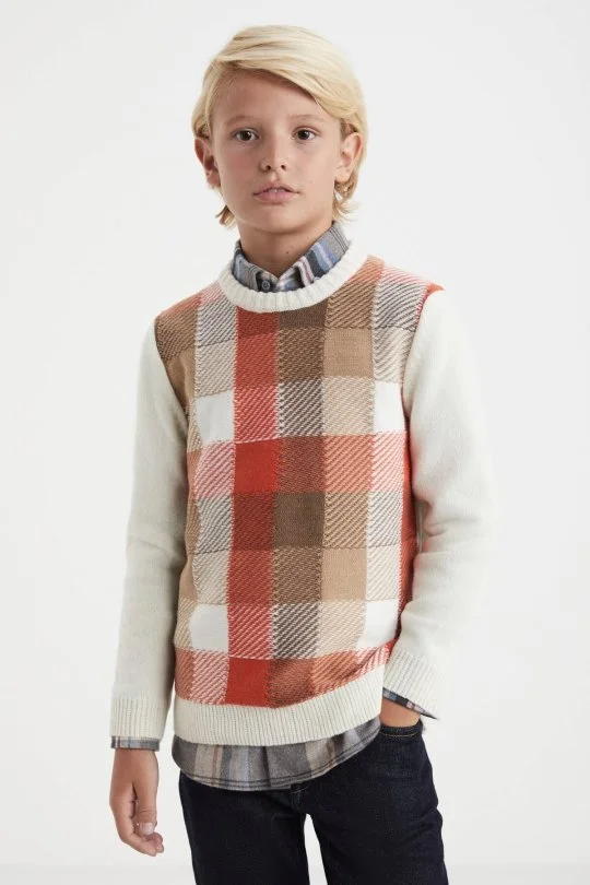 Hemington - Kaşmir Merino Yün Karışım Tartan Desen Ekru Turuncu Çocuk Kazak (4)