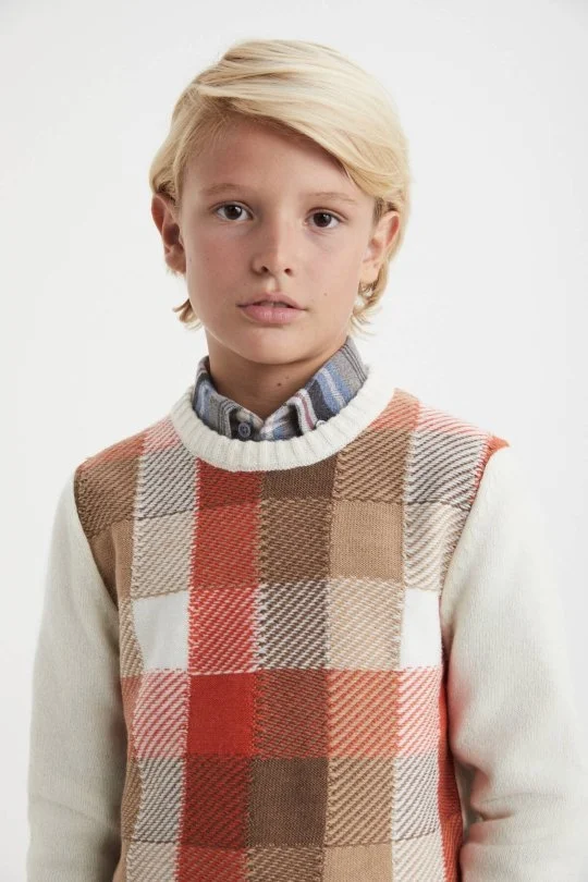Hemington - Kaşmir Merino Yün Karışım Tartan Desen Ekru Turuncu Çocuk Kazak