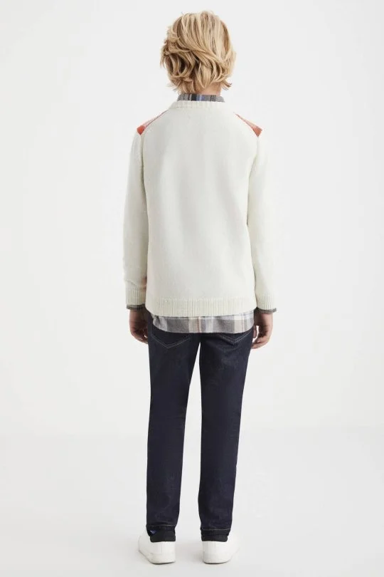 Hemington - Kaşmir Merino Yün Karışım Tartan Desen Ekru Turuncu Çocuk Kazak (3)