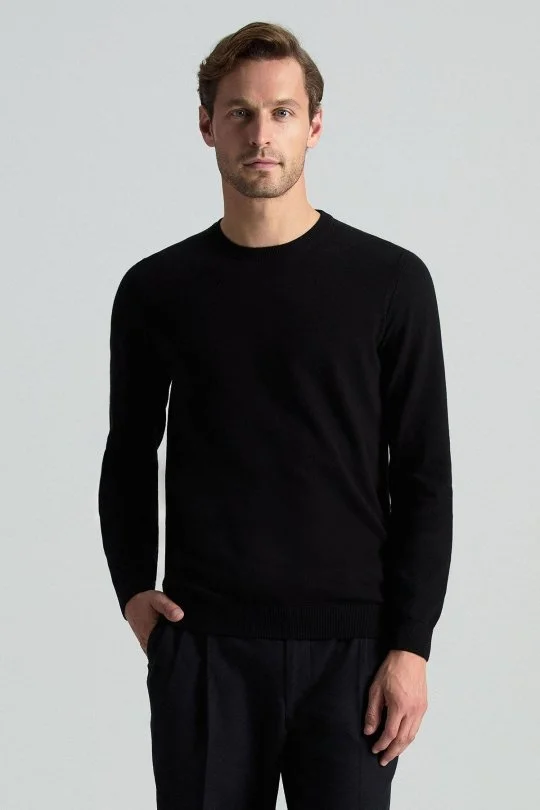 Hemington - Kaşmir Pamuk Karışım Bisiklet Yaka Siyah Triko