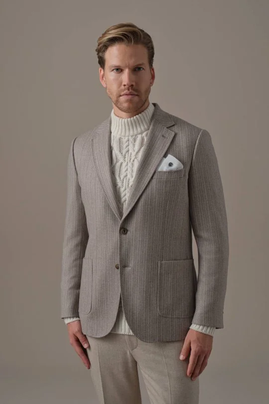 Kaşmir Yün Balıksırtı Desen Bej Blazer Ceket