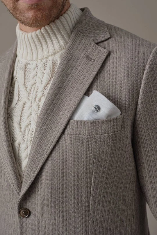 Kaşmir Yün Balıksırtı Desen Bej Blazer Ceket