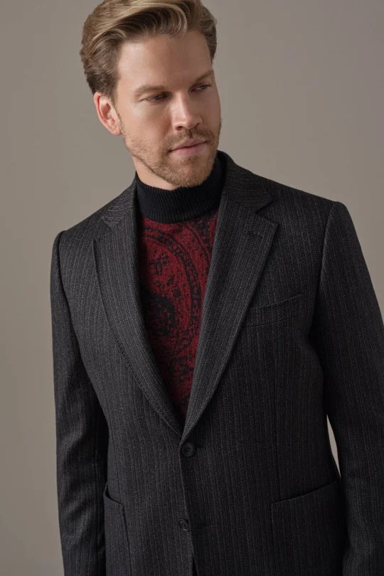 Kaşmir Yün Balıksırtı Desen Siyah Blazer Ceket