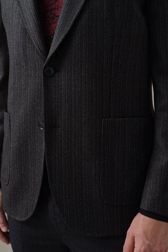 Kaşmir Yün Balıksırtı Desen Siyah Blazer Ceket