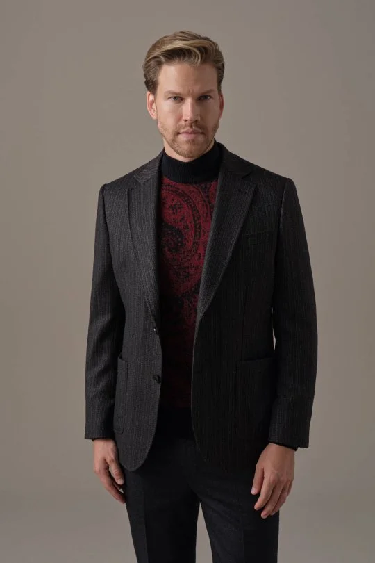 Kaşmir Yün Balıksırtı Desen Siyah Blazer Ceket