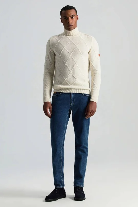 Hemington - Kaşmir Yün Karışım Argyle Desen Boğazlı Yaka Ekru Kazak (1)