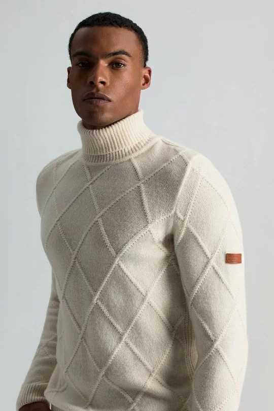 Hemington - Kaşmir Yün Karışım Argyle Desen Boğazlı Yaka Ekru Kazak
