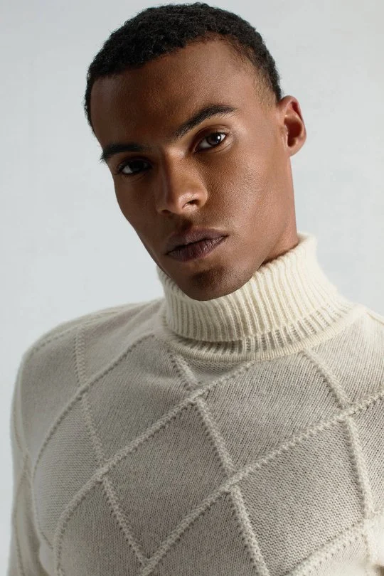 Hemington - Kaşmir Yün Karışım Argyle Desen Boğazlı Yaka Ekru Kazak (2)