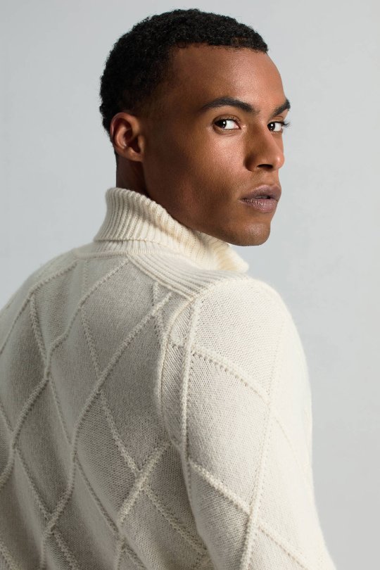 Kaşmir Yün Karışım Argyle Desen Boğazlı Yaka Ekru Kazak