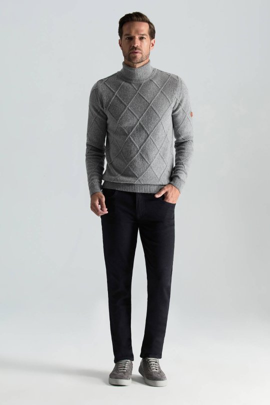 Kaşmir Yün Karışım Argyle Desen Boğazlı Yaka Gri Kazak