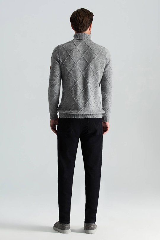 Kaşmir Yün Karışım Argyle Desen Boğazlı Yaka Gri Kazak