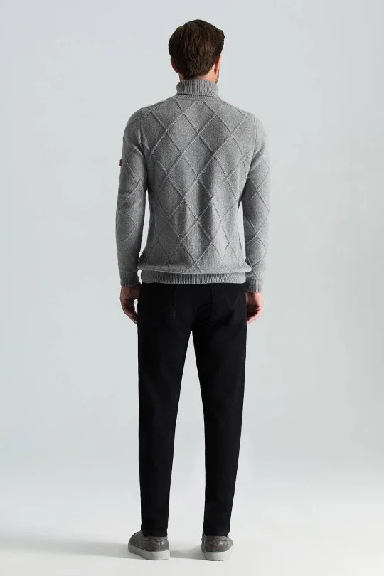 Hemington - Kaşmir Yün Karışım Argyle Desen Boğazlı Yaka Gri Kazak (4)
