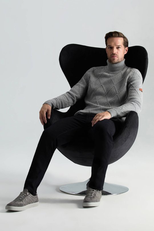 Kaşmir Yün Karışım Argyle Desen Boğazlı Yaka Gri Kazak