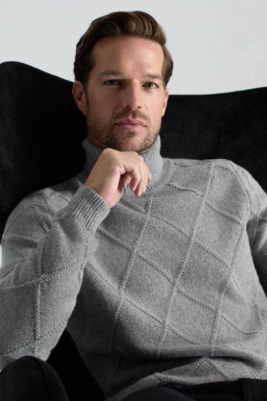 Kaşmir Yün Karışım Argyle Desen Boğazlı Yaka Gri Kazak