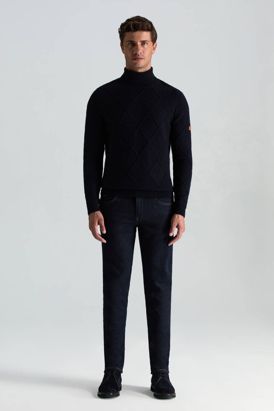 Kaşmir Yün Karışım Argyle Desen Boğazlı Yaka Lacivert Kazak