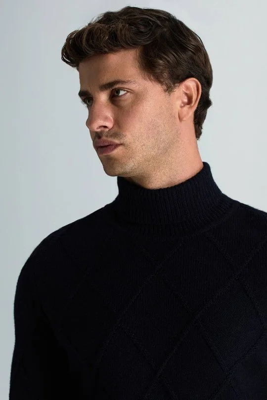 Hemington - Kaşmir Yün Karışım Argyle Desen Boğazlı Yaka Lacivert Kazak (2)