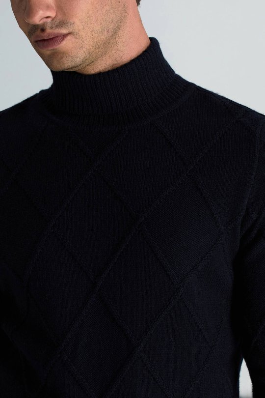 Kaşmir Yün Karışım Argyle Desen Boğazlı Yaka Lacivert Kazak