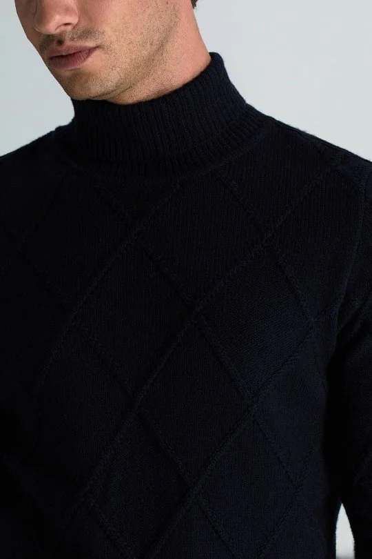 Hemington - Kaşmir Yün Karışım Argyle Desen Boğazlı Yaka Lacivert Kazak (3)