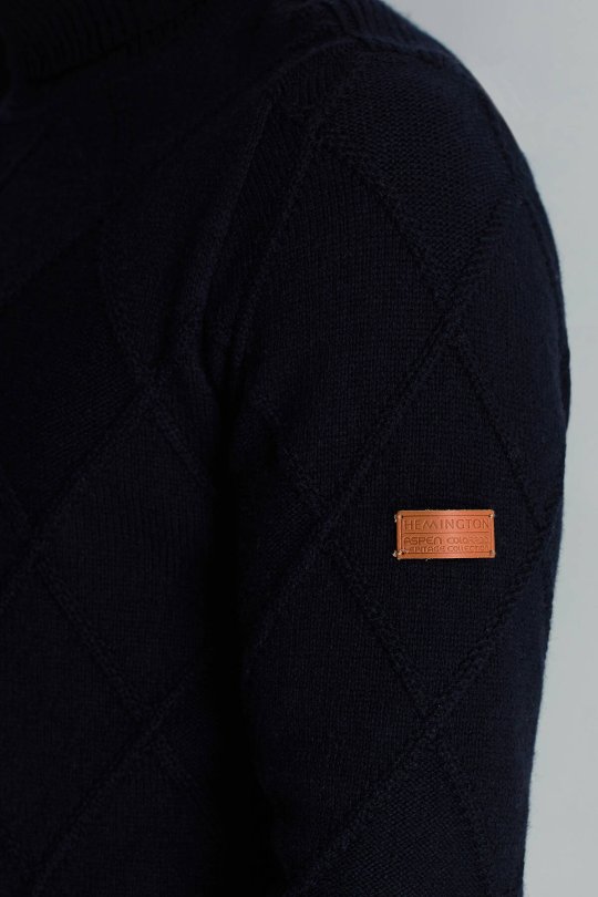 Kaşmir Yün Karışım Argyle Desen Boğazlı Yaka Lacivert Kazak