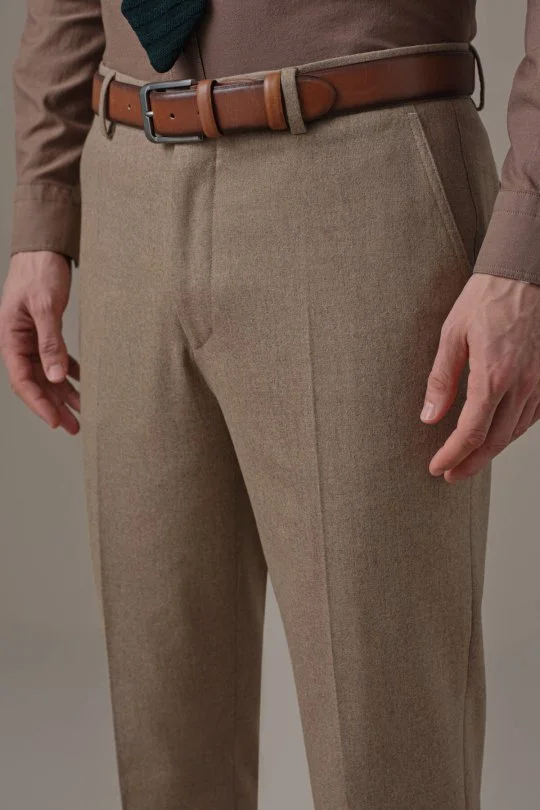 Kaşmir Yün Karışım Camel Flanel Pantolon