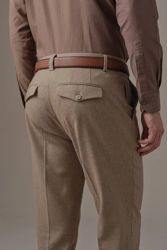 Kaşmir Yün Karışım Camel Flanel Pantolon